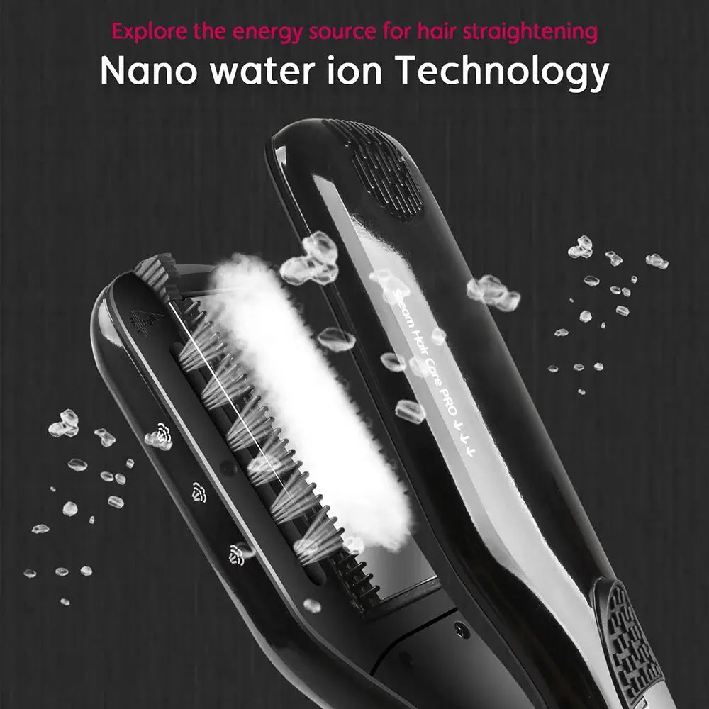 Professional steam hair straightener with built-in brush, black ceramic tourmaline plates