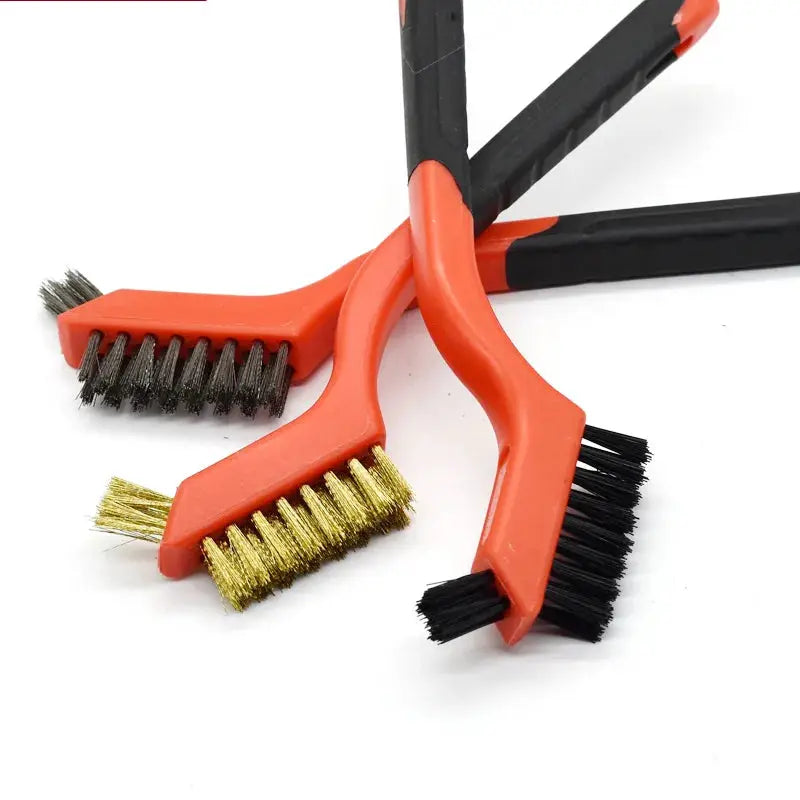 3-piece 7-inch orange-handled stainless steel brush set with brass and steel bristles