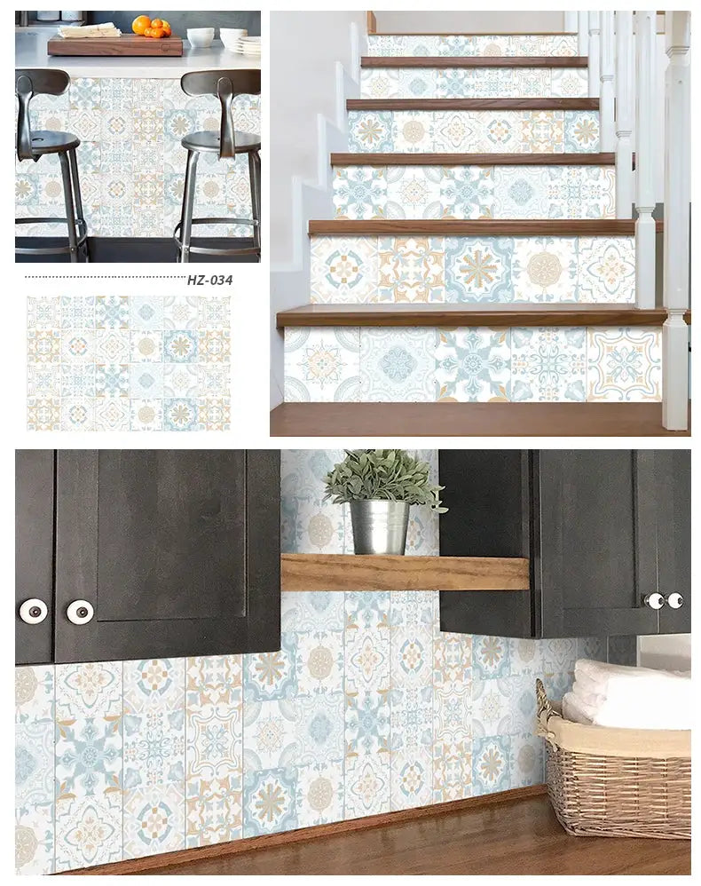 Simples Market 24pcs blue-beige tile sticker set for kitchen and bathroom, waterproof self-adhesive wall decals
