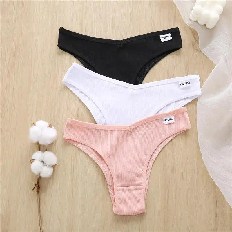 Three-pack cotton thong panties for women in black, white and pink with Finetoo tag
