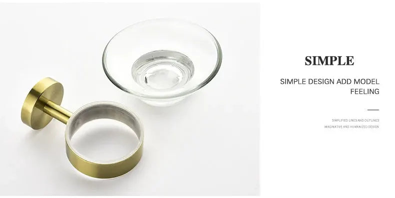 Bathroom hardware set in brushed gold from Simples Market with wall-mount holder and glass dish