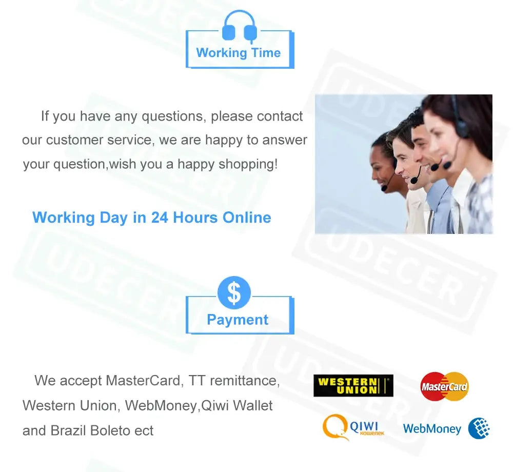 Customer service banner with call center staff wearing headsets, a Working Time badge, and payment logos.
