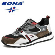 BONA men's action leather sport sneakers in gray/black with white overlays, brown suede and red accents
