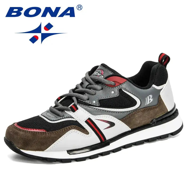 BONA men's action leather sport sneakers in gray/black with white overlays, brown suede and red accents