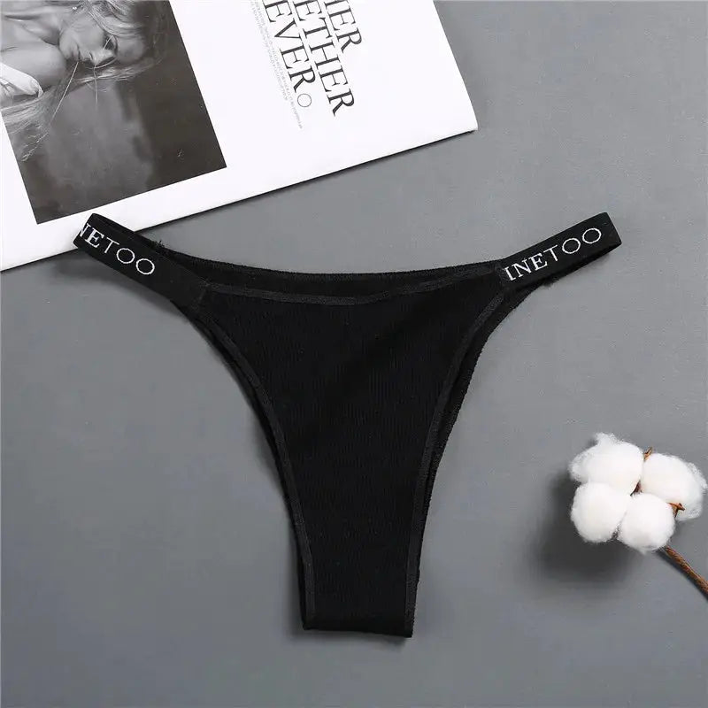 Black cotton thong underwear, INETOO waistband, 5-piece women's set