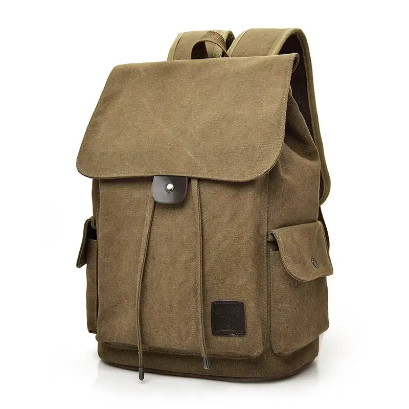 Canvas backpack Simples Market, khaki brown large school bag with front flap, drawstring closure, and side pockets.