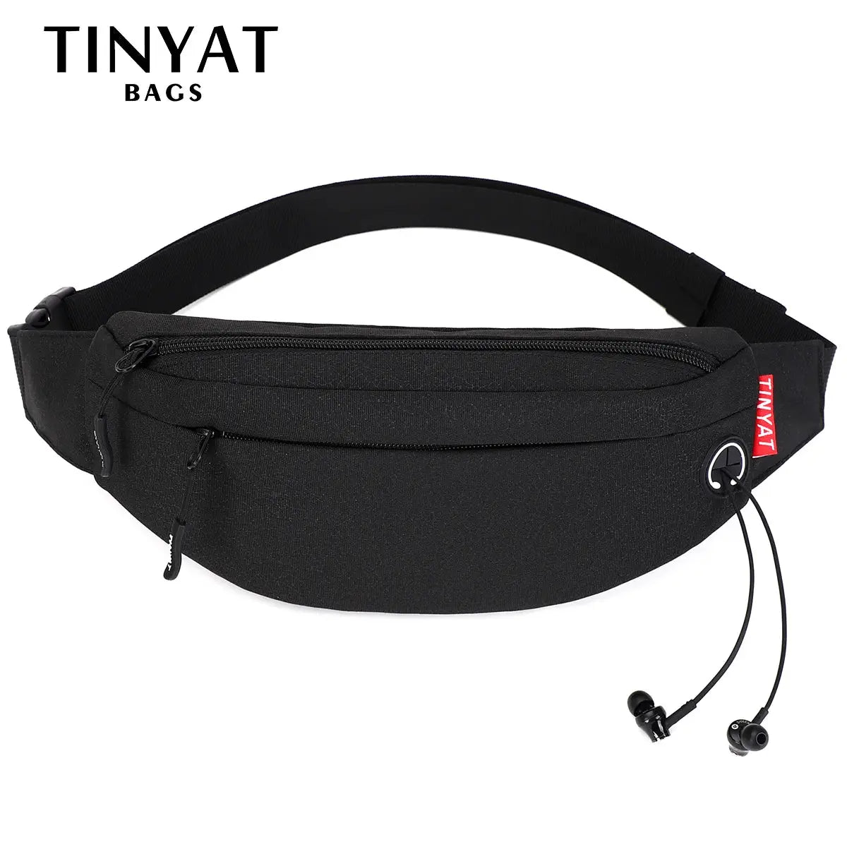 Waist bag by TINYAT in black with adjustable strap, dual zip pockets and red brand tag