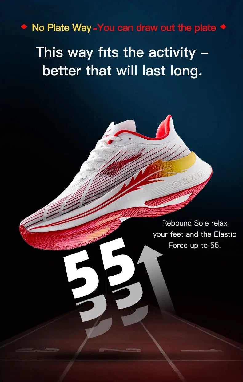 Onemix running shoes, white with red accents, breathable lightweight lace-up athletic sneakers.