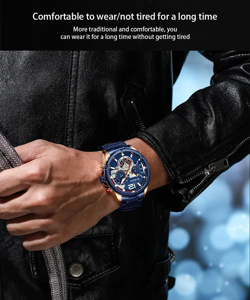 CURREN men's blue stainless steel chronograph watch with gold-tone case on wrist