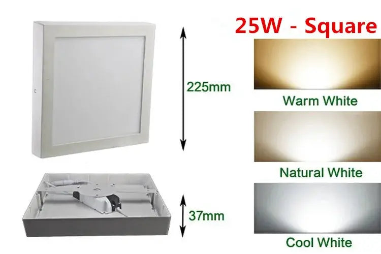 Simples Market LED Panel Light 25W square ceiling panel, 225mm size, 37mm depth, warm, natural, and cool white options