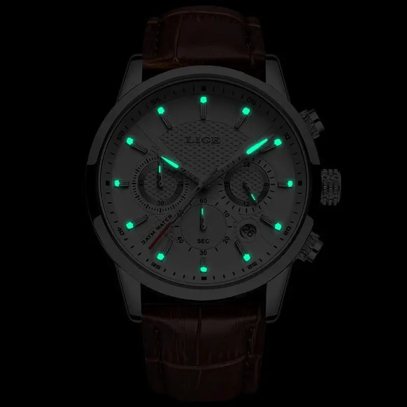 LIGE 2025 Mens Fashion Sports Quartz Watch Leather Strap Waterproof Date Stainless Steel Case