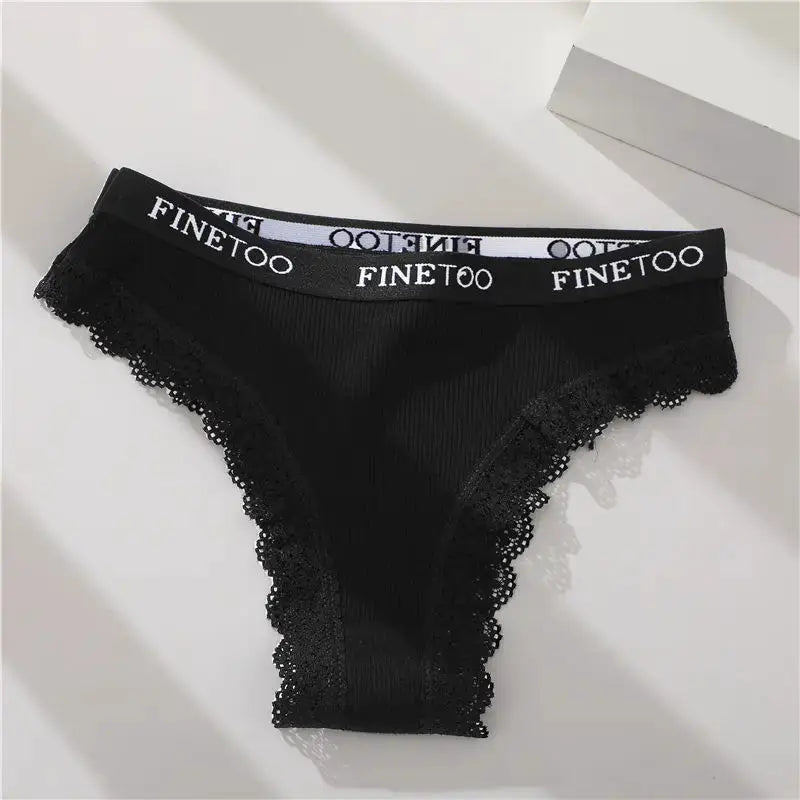 Panties for women, black cotton lace with Finetoo waistband and scalloped trim, Brazilian style.