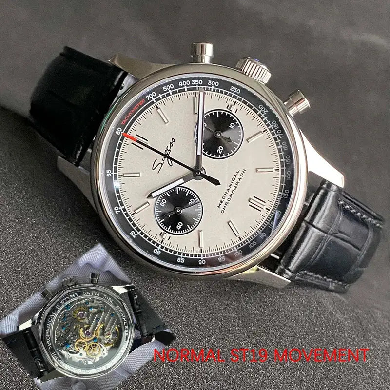Simples Market ST19 panda chronograph pilot watch, 40mm stainless case, silver dial, black leather strap