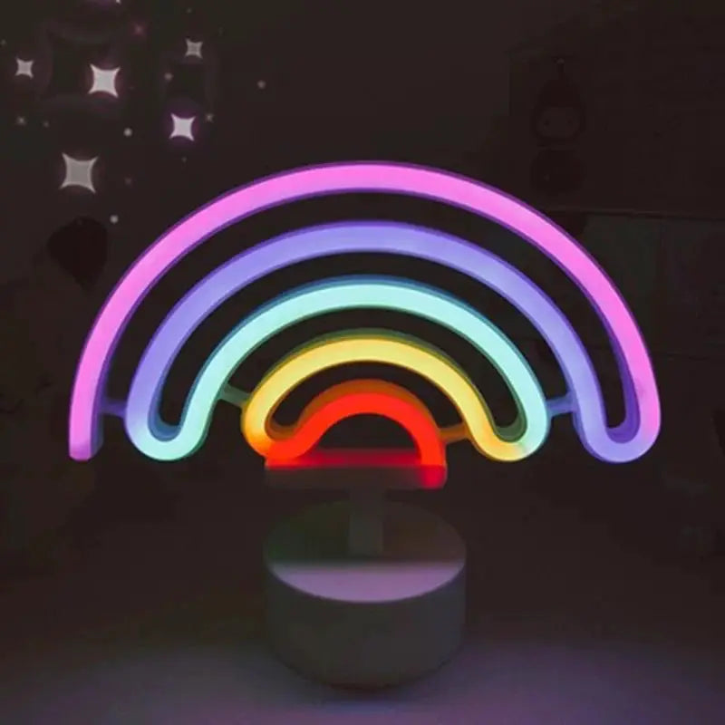 Rainbow neon USB LED light decoration with multicolor curved arcs on a small base for kids' rooms