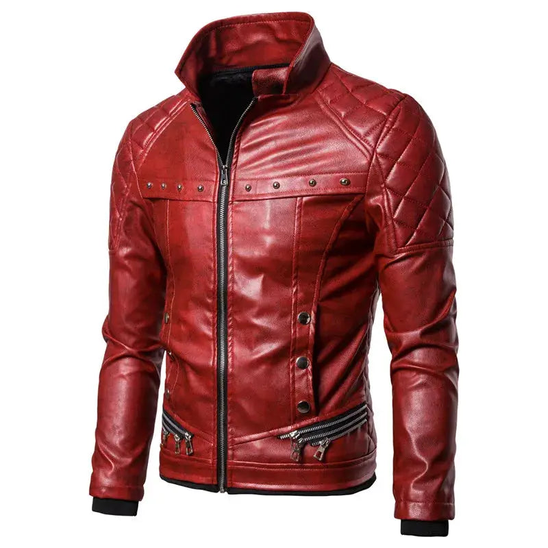 Red PU leather motorcycle jacket for men with quilted shoulders, front zip, and zip pockets
