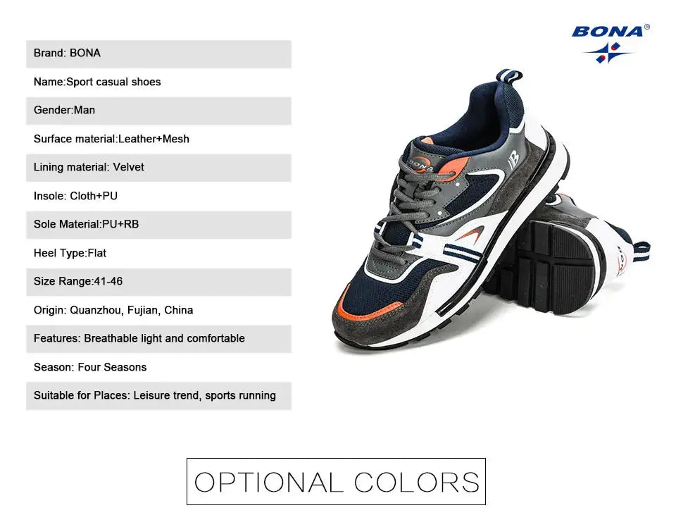 BONA sport casual shoes for men, navy and gray leather+mesh sneakers with orange accents.
