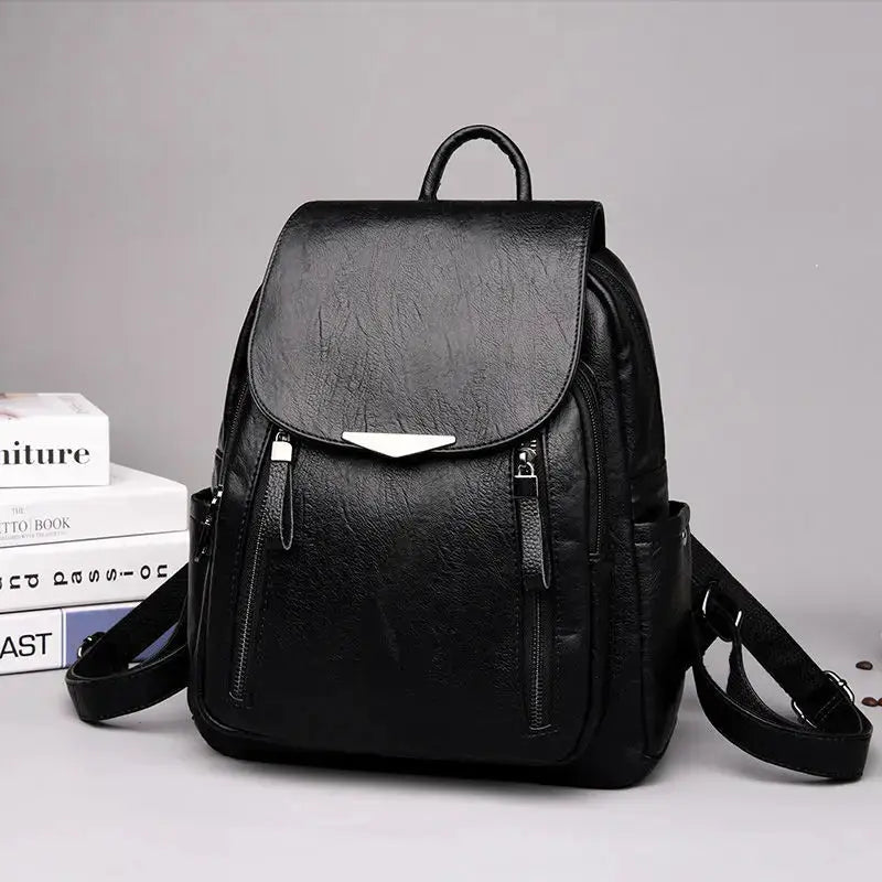 Yogodlns Luxury PU Leather Backpack for Women, black, double zippers, large capacity