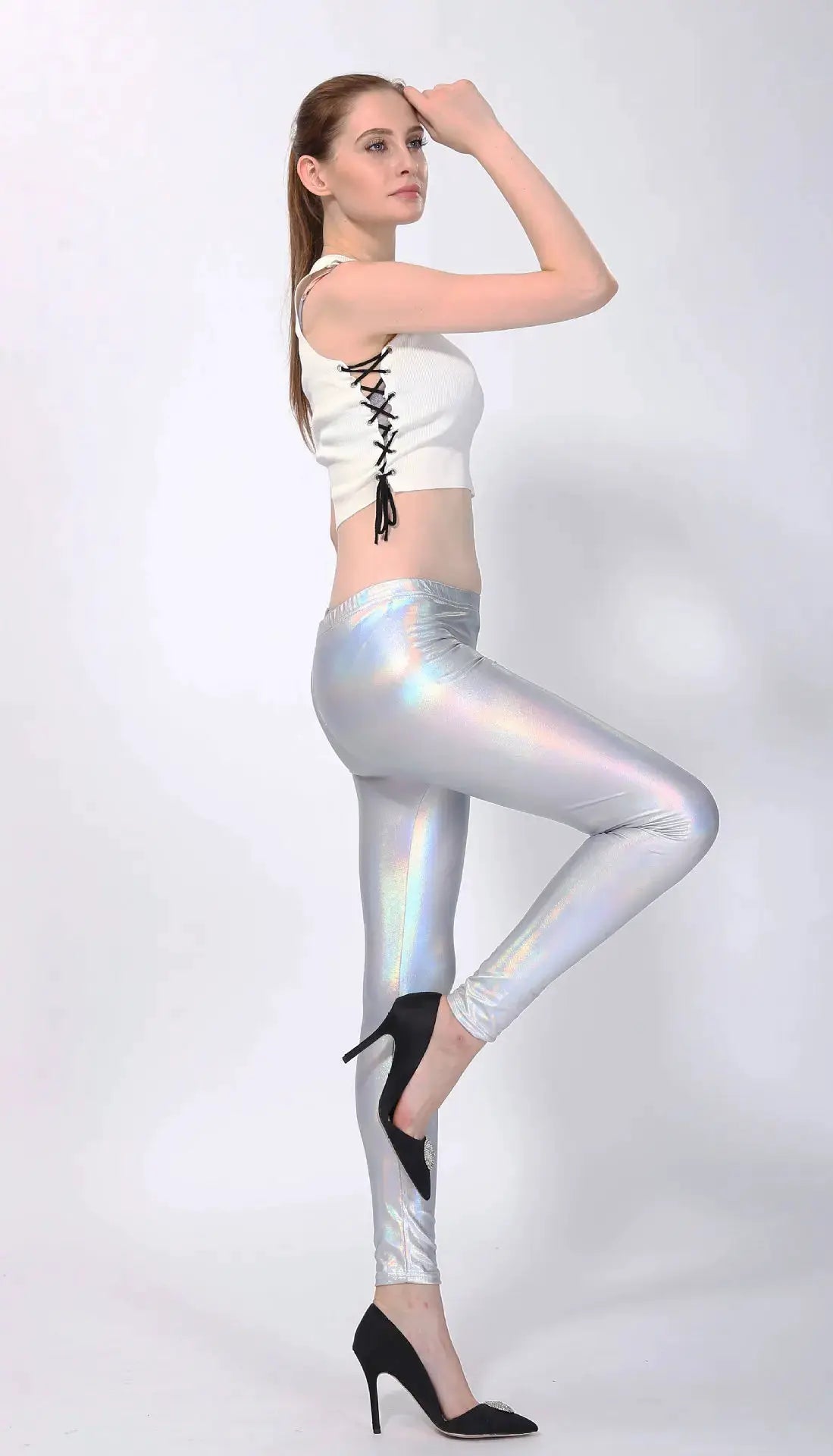 Ladies silver metallic laser leather leggings by Simples Market, iridescent candy color