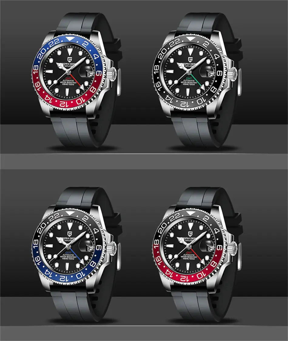 Four PAGANI DESIGN GMT men’s watches with stainless steel cases, black dials, and gray silicone straps.