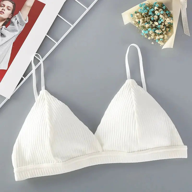 Simples Market women's white cotton ribbed triangle-cup bralette, wire-free, low-back underwear