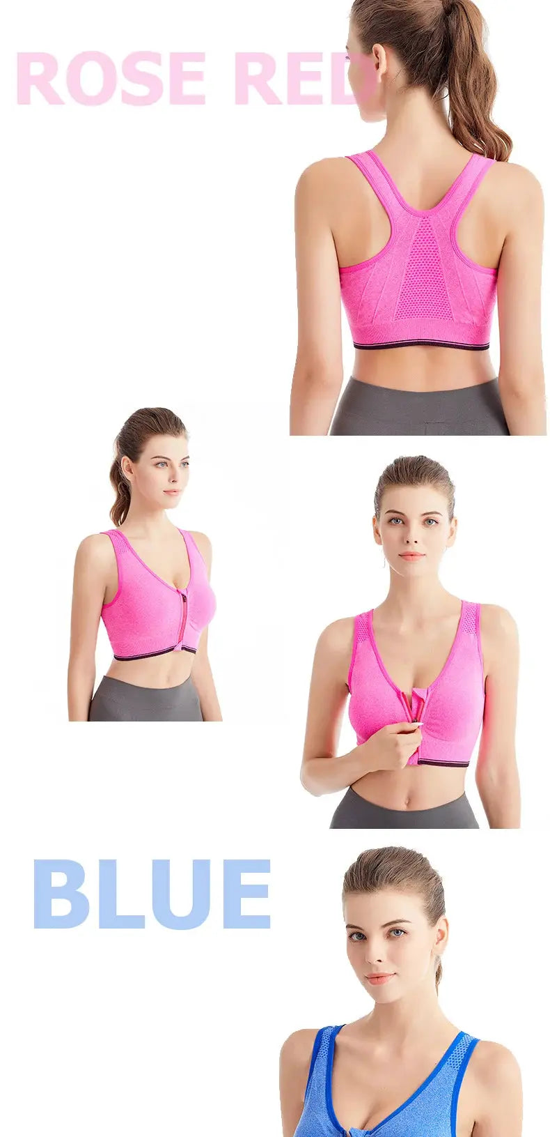 Women's front-zip sports bra, seamless breathable no-underwire bralette in pink and blue colorways.