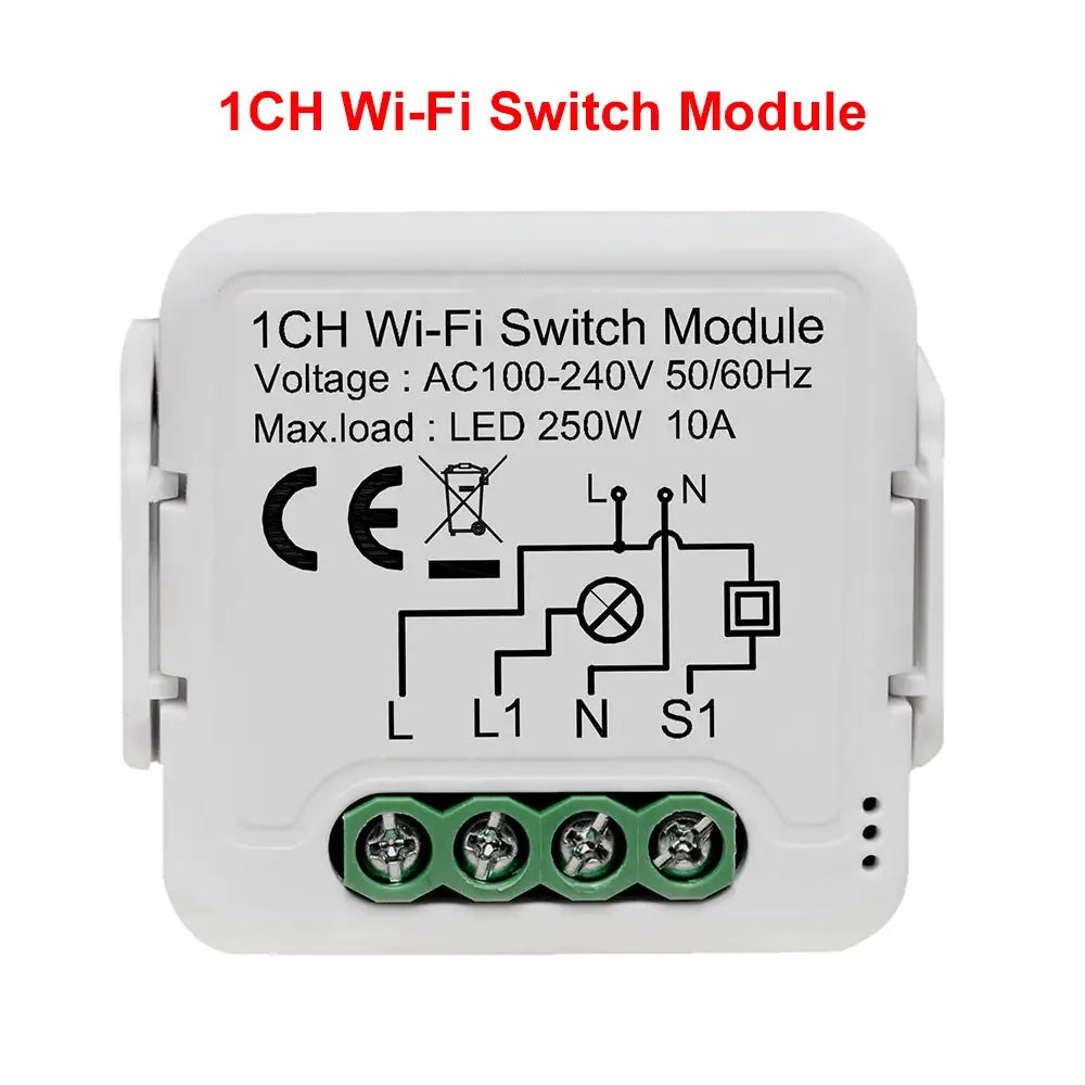 1CH Wi-Fi Switch Module, white plastic with green terminal block and 100–240V AC wiring diagram