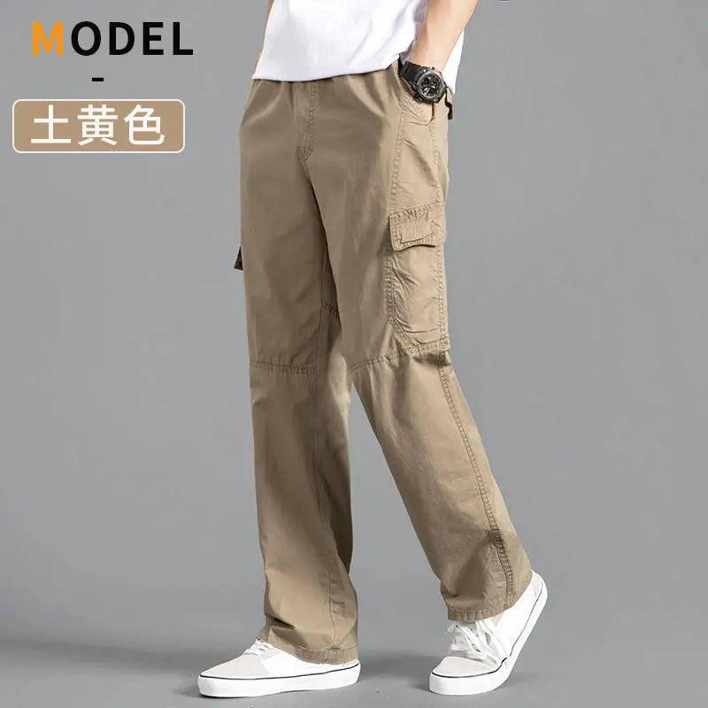 Men's khaki cotton cargo pants with large utility pockets, casual workwear style