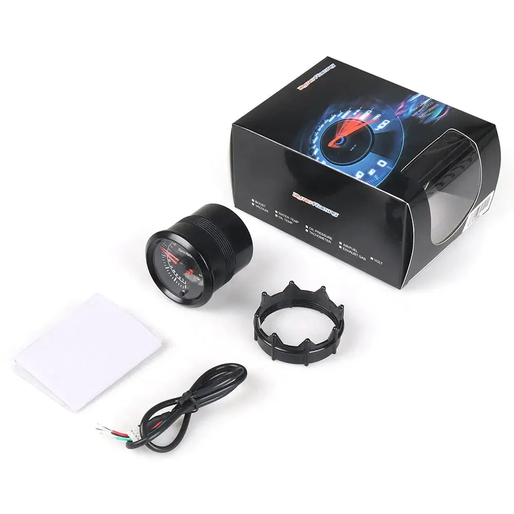 Dynoracing 2-inch 52mm LED dual-display gauge kit with boost, temp, AFR, EGT; includes gauge, mounting ring, wiring.