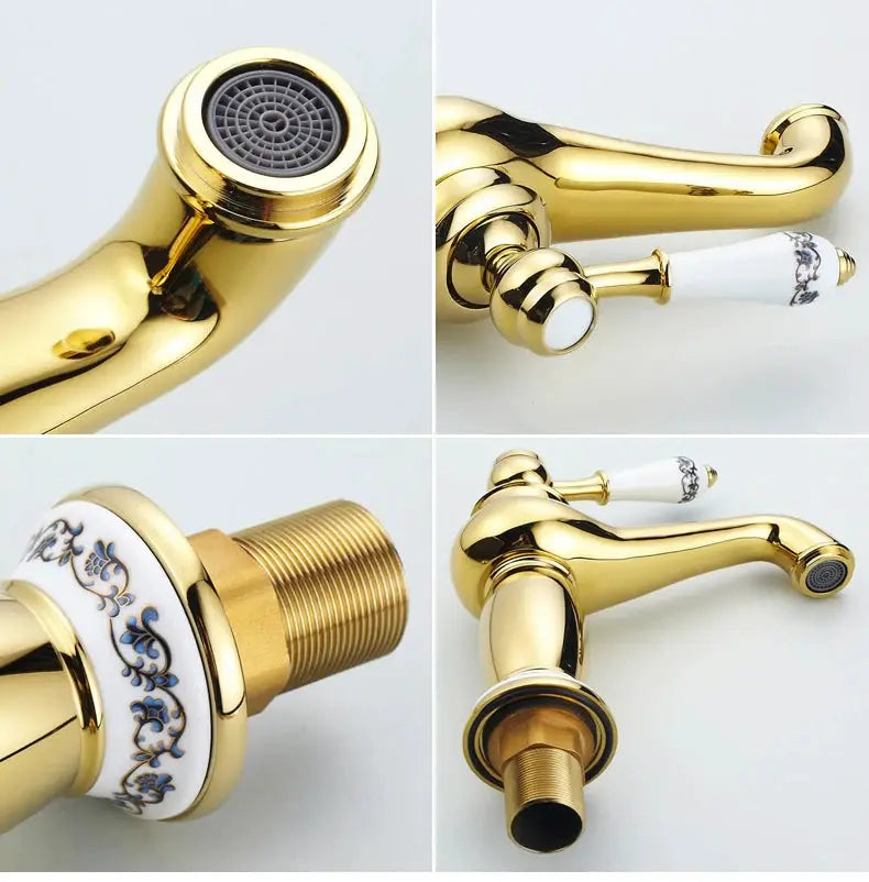 Bathroom faucet with antique brass finish; solid brass body and white ceramic single-handle lever