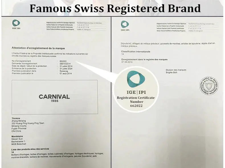 Carnival brand watch certificate page showing Carnival 1986 and IGE/IPI registration number 662022