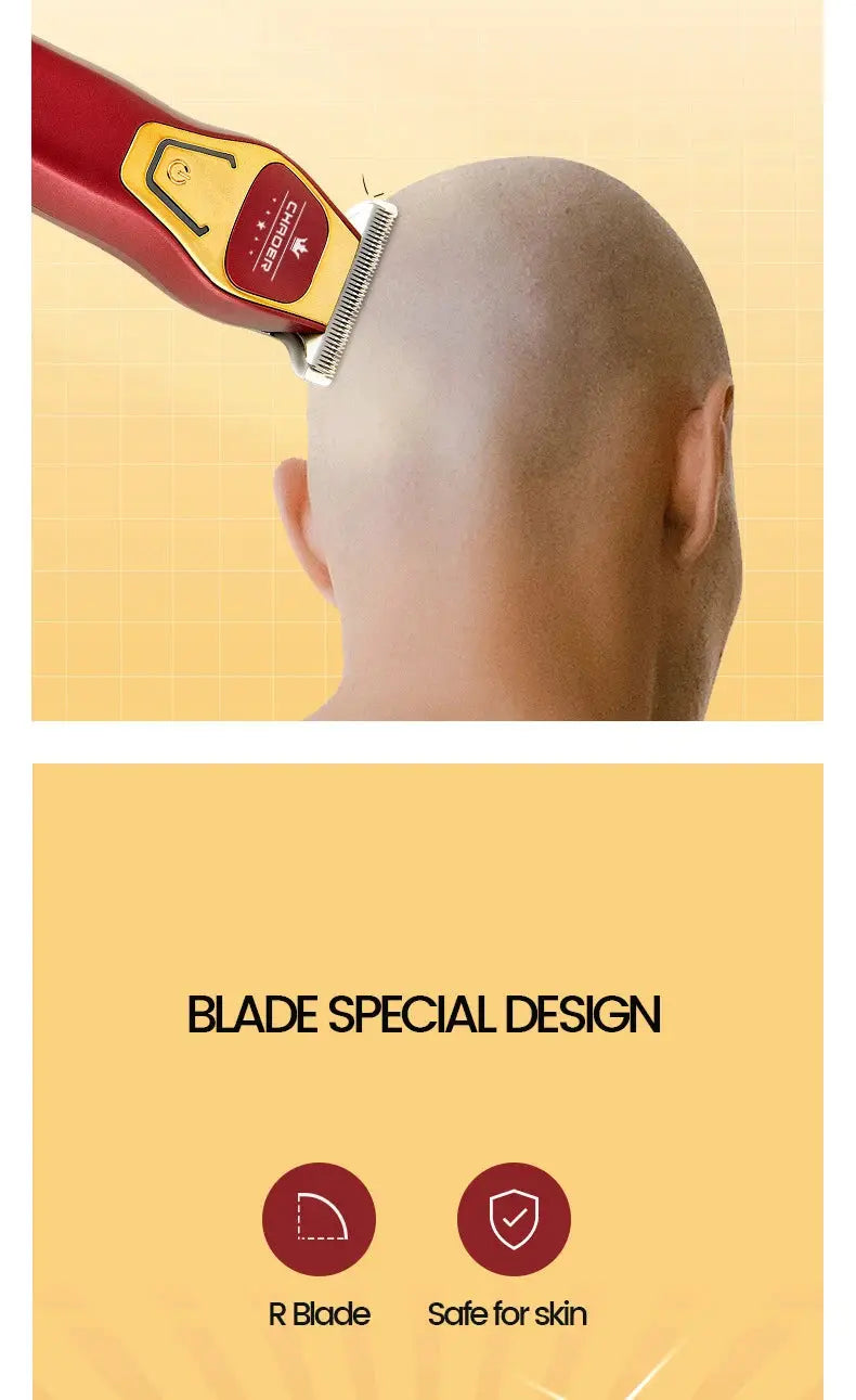 Powerful professional hair trimmer by Simples Market, red and yellow cordless clipper with a T-blade.