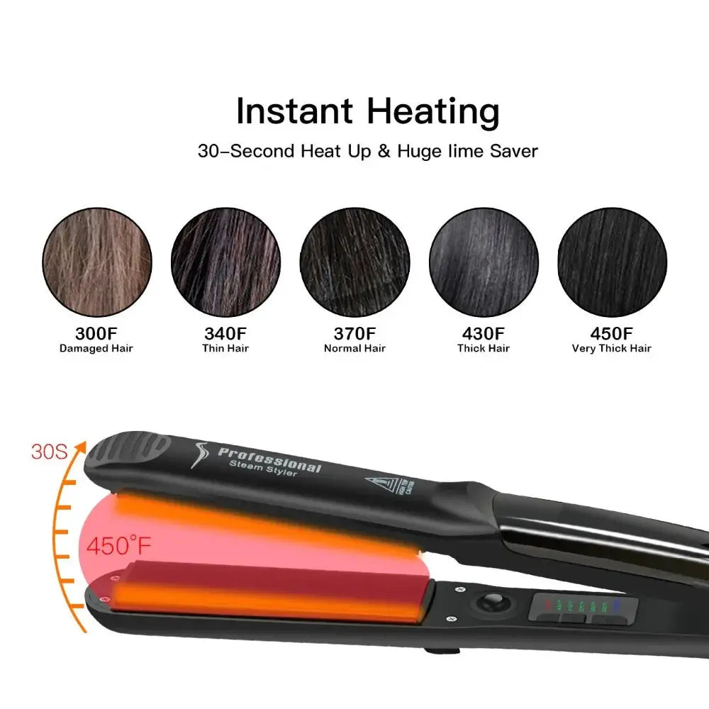 Steam Hair Straightener by Simples Market in black with ceramic plates, 450°F, digital display