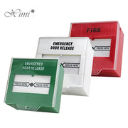 Three emergency door release switches with covers in red, white, and green