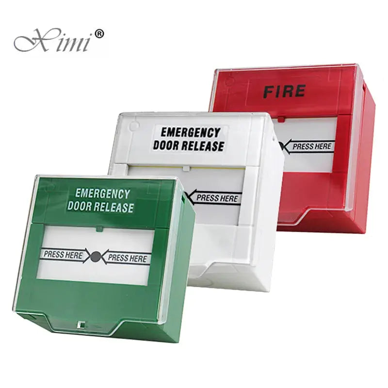 Three emergency door release switches with covers in red, white, and green
