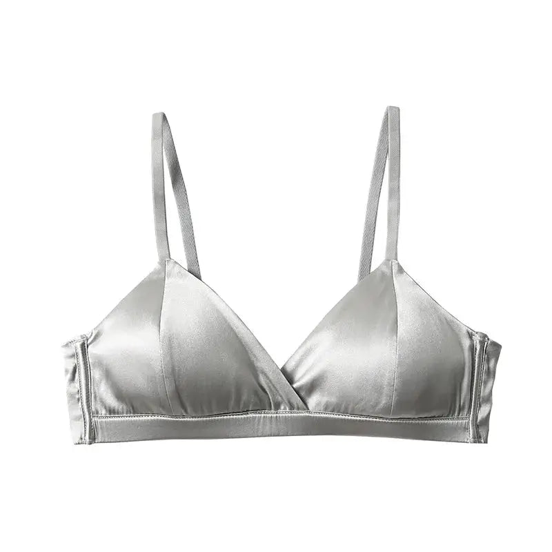 Silver satin silk bra with wire-free design, triangle cups and adjustable straps
