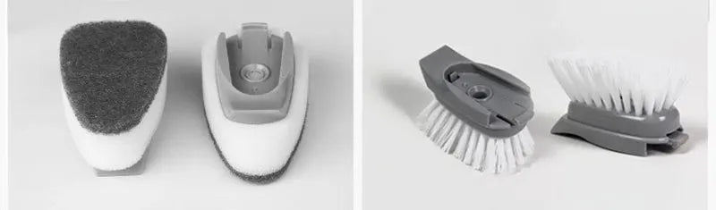 Simples Market refillable liquid cleaning brush with long handle, sponge scrubber, and two interchangeable brush heads.