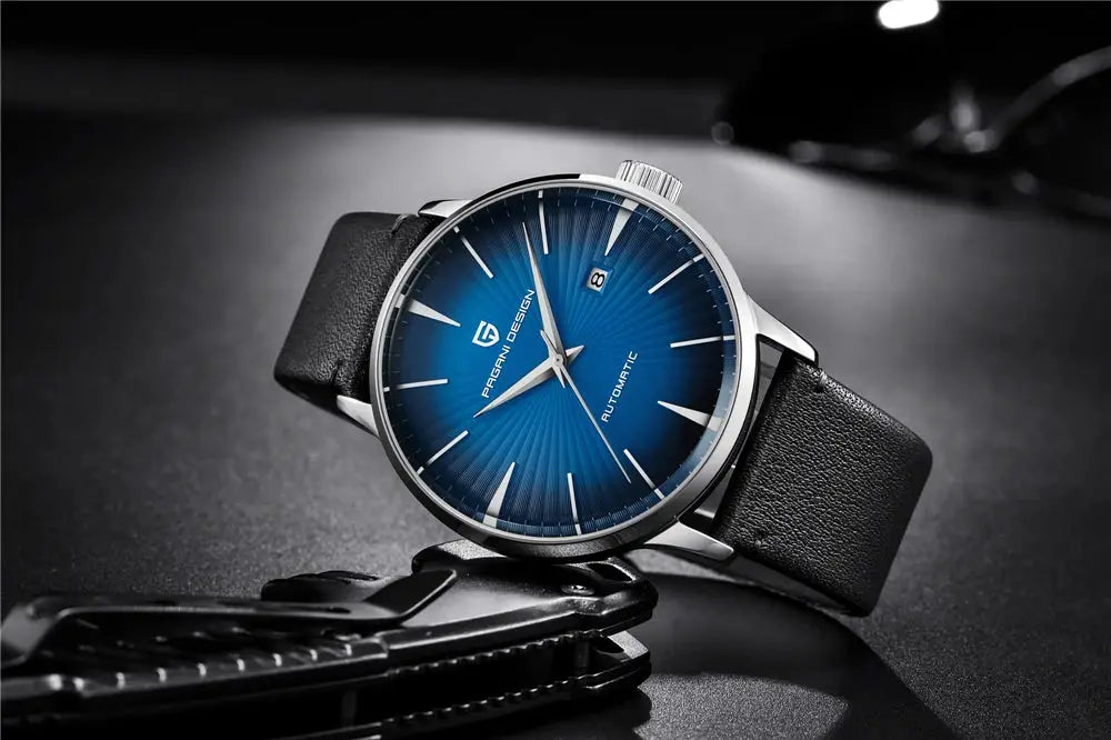 Pagani Design men's watch with blue dial, silver case and black leather strap; automatic movement with date window.