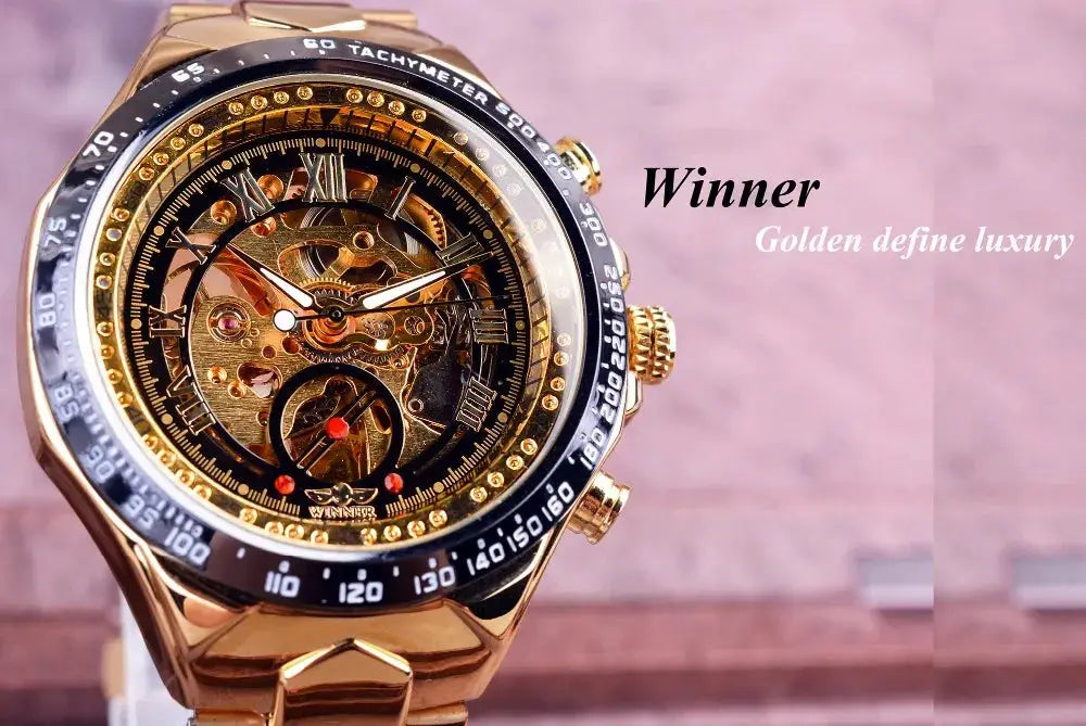 Winner mechanical skeleton watch for men, gold-tone case, black bezel