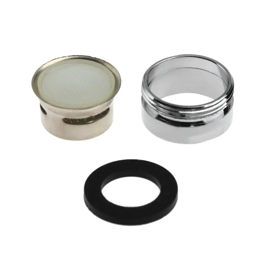 Three-piece Simples Market faucet aerator set for 20/22/24/28mm taps; chrome housing with mesh filter and black gasket