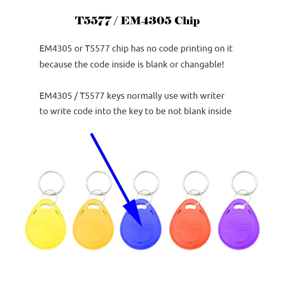 Simples Market 10-pack EM4305/T5577 writable RFID keyfobs with rings; 125kHz, yellow/orange/blue/red/purple