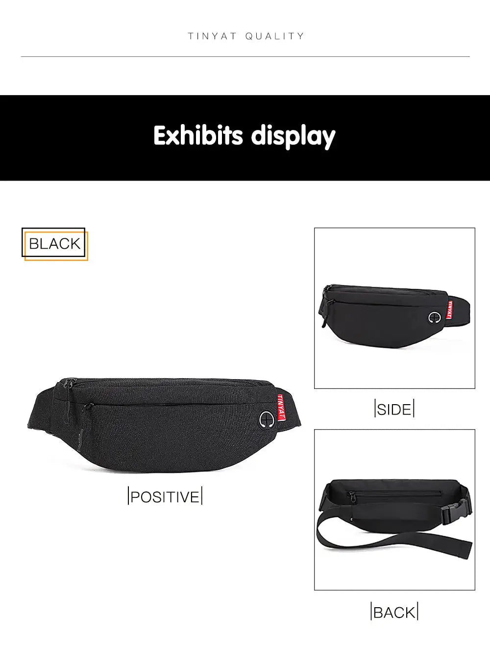 TINYAT black waist bag by Simples Market with zipped pockets; front, side and back views.