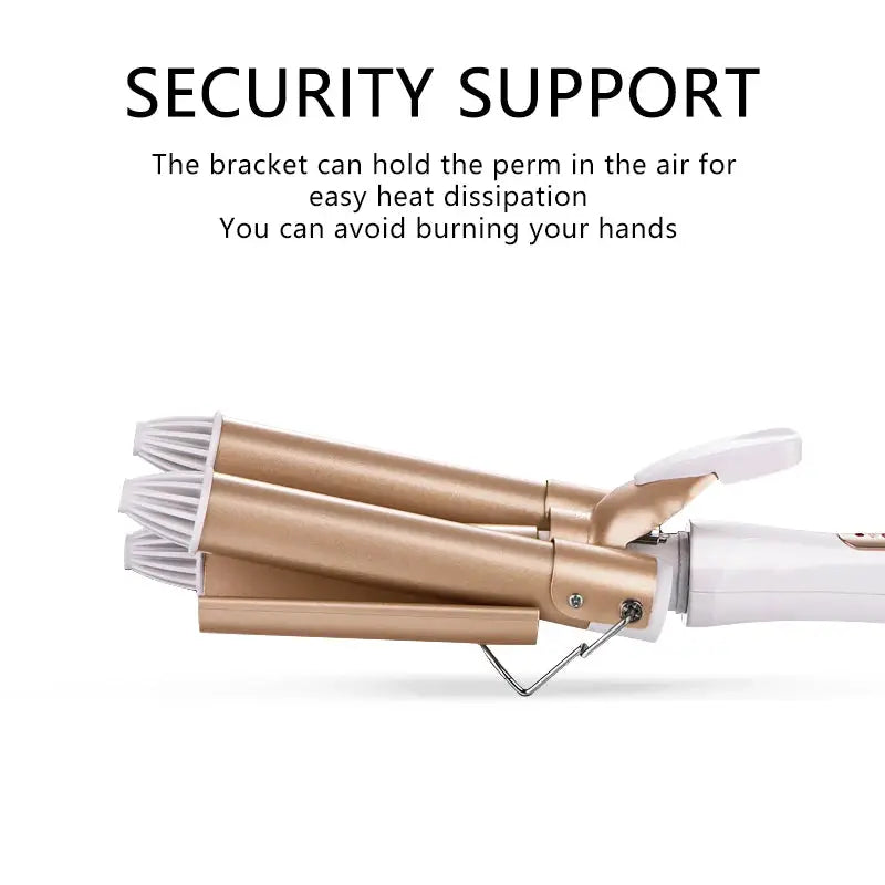 Simples Market professional gold triple-barrel hair curler with white handle and metal stand