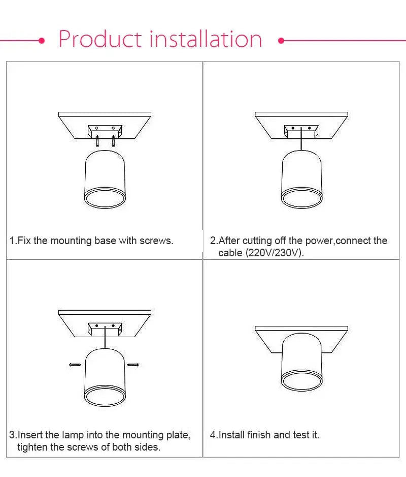 LED ceiling downlight installation guide by Simples Market: mount base, connect cable, insert lamp, tighten screws.