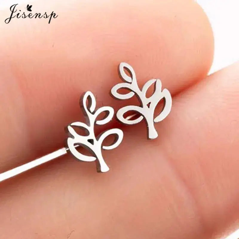 Stainless steel leaf-branch stud earrings, silver, pair, Jisensp