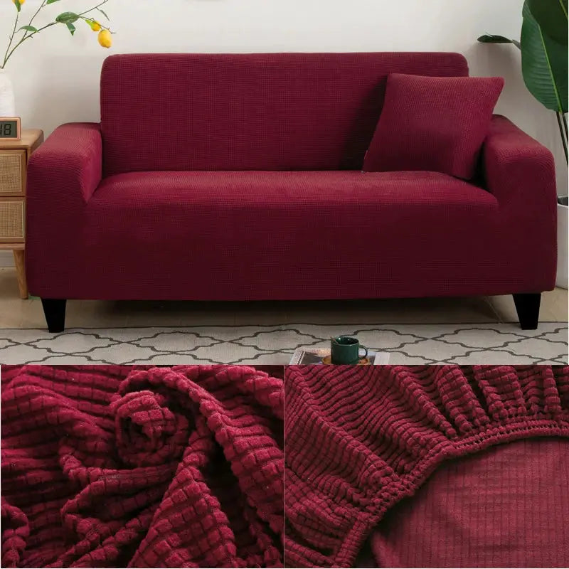 Sofa protector cover, burgundy jacquard, Simples Market, for living room couch.