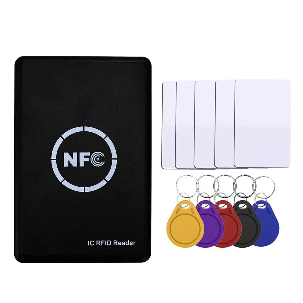 RFID card reader copier kit with NFC 13.56MHz; includes blank cards and colored key fobs