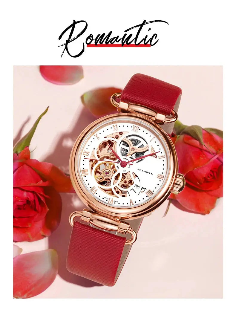Sea-Gull women's skeleton watch with red leather strap and rose-gold case