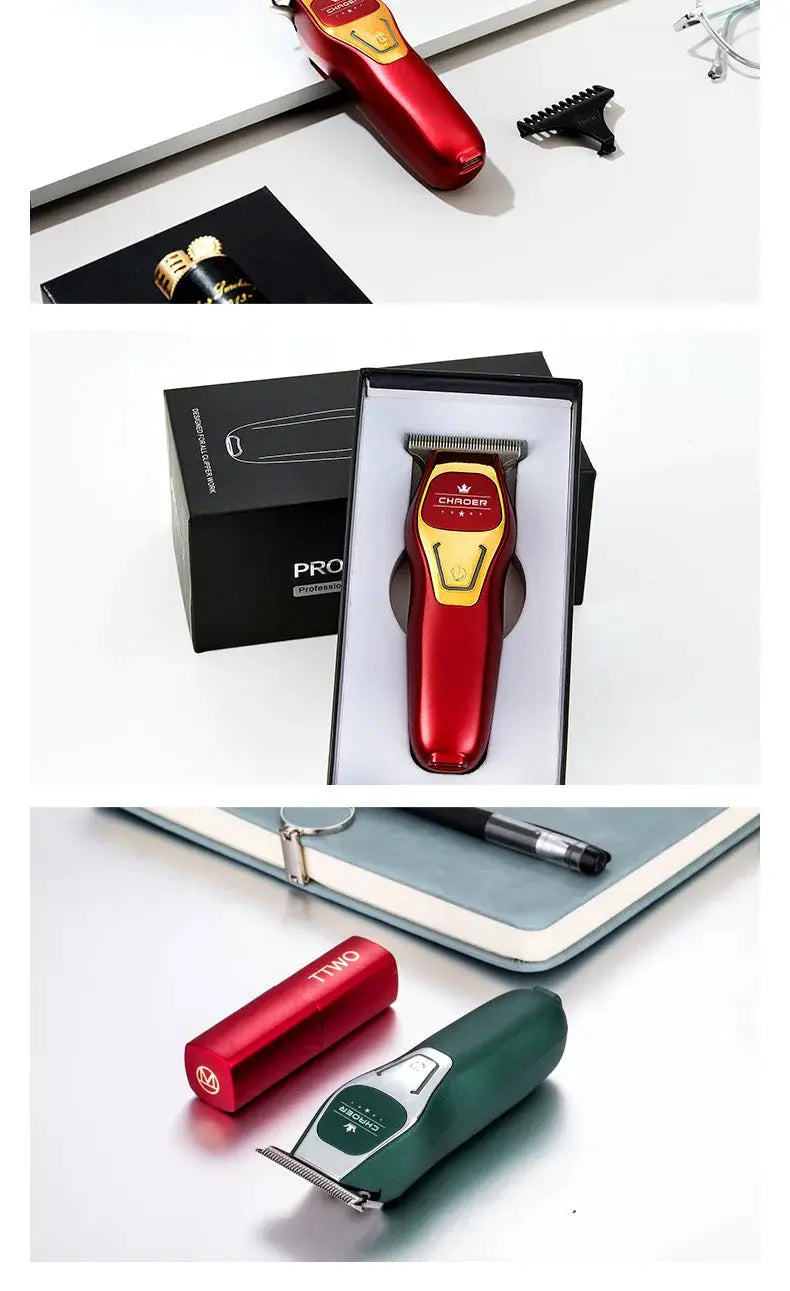 Three CHADER professional hair trimmers in red and green with 0mm T-blades, rechargeable clipper set.