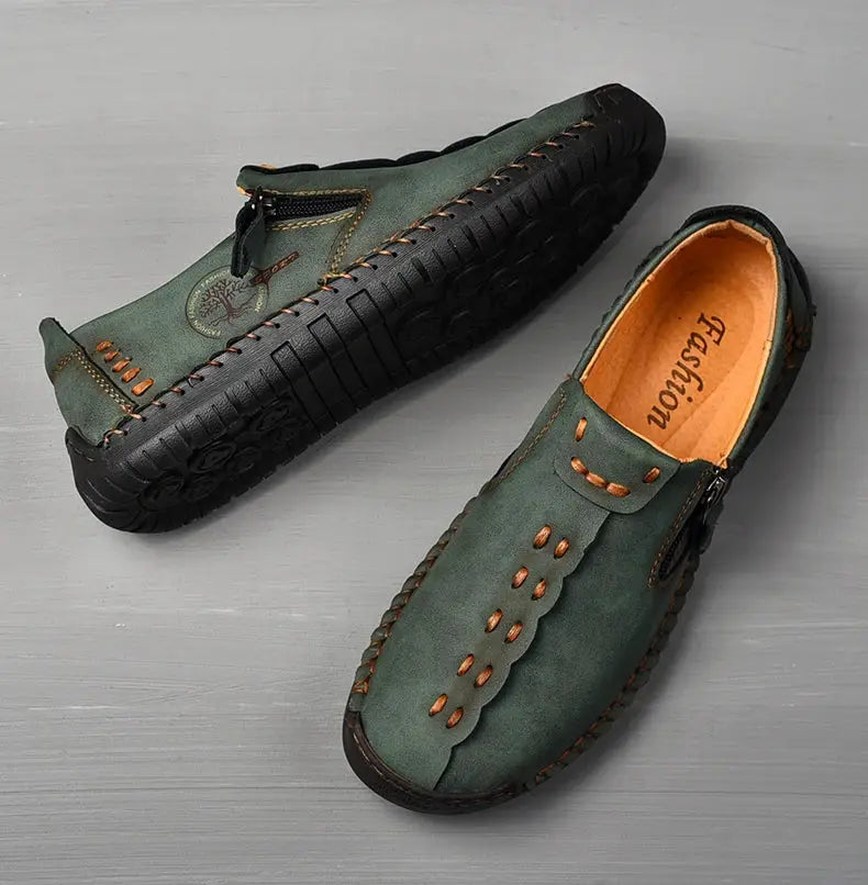 Simples Market green leather men’s slip-on loafers with moccasin stitching and rugged black outsole
