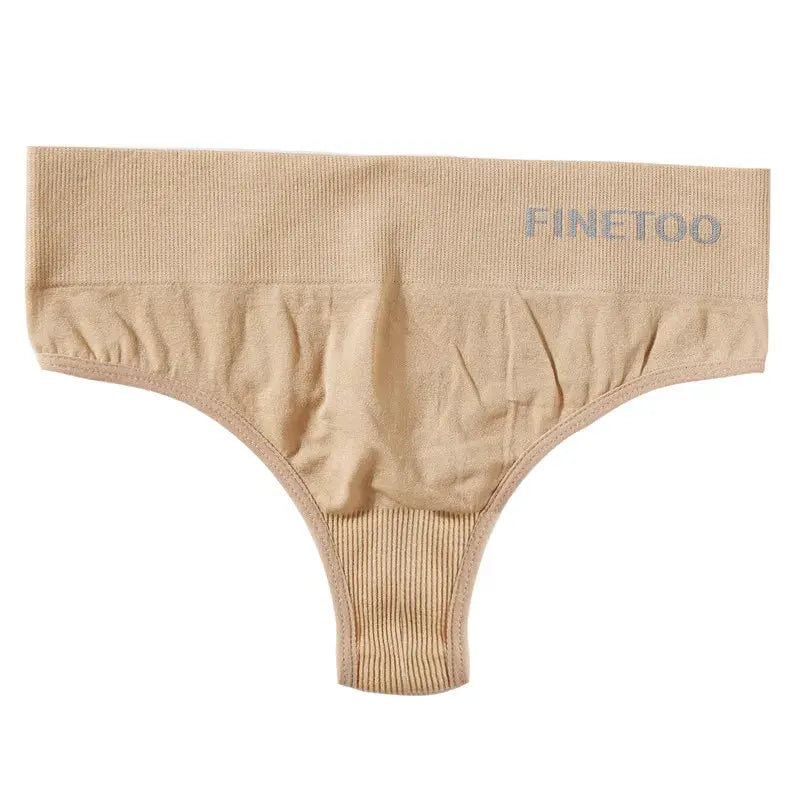 FINETOO beige thong underwear with a wide ribbed waistband and visible logo.